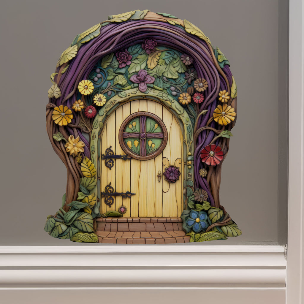 Purple Tree and Flowers Fairy Door decal on wall