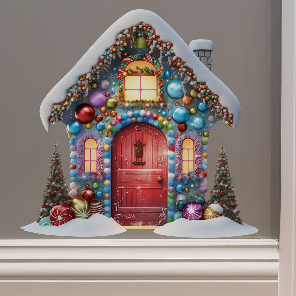 Holiday Blue House with Ornaments decal on wall
