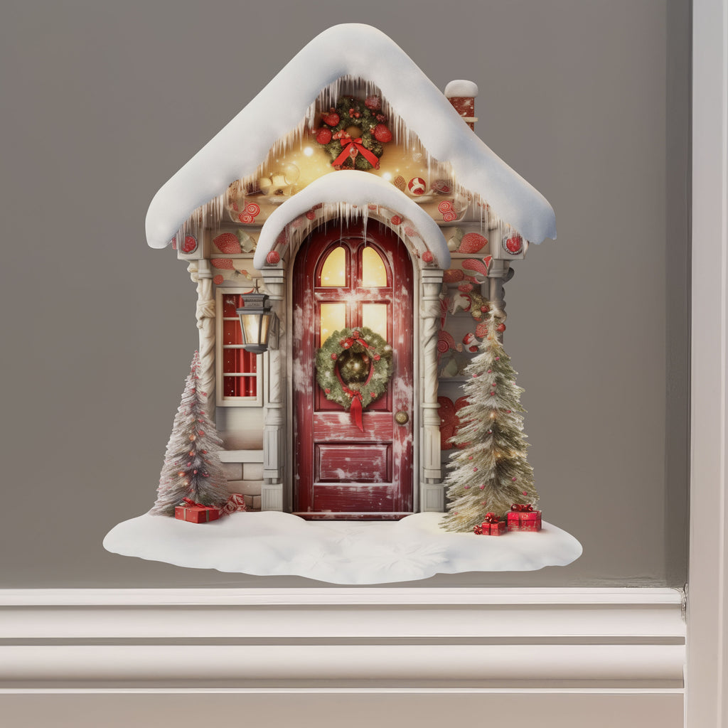 Snowy Christmas Tree with Gifts and Door with Mistletoe decal on wall