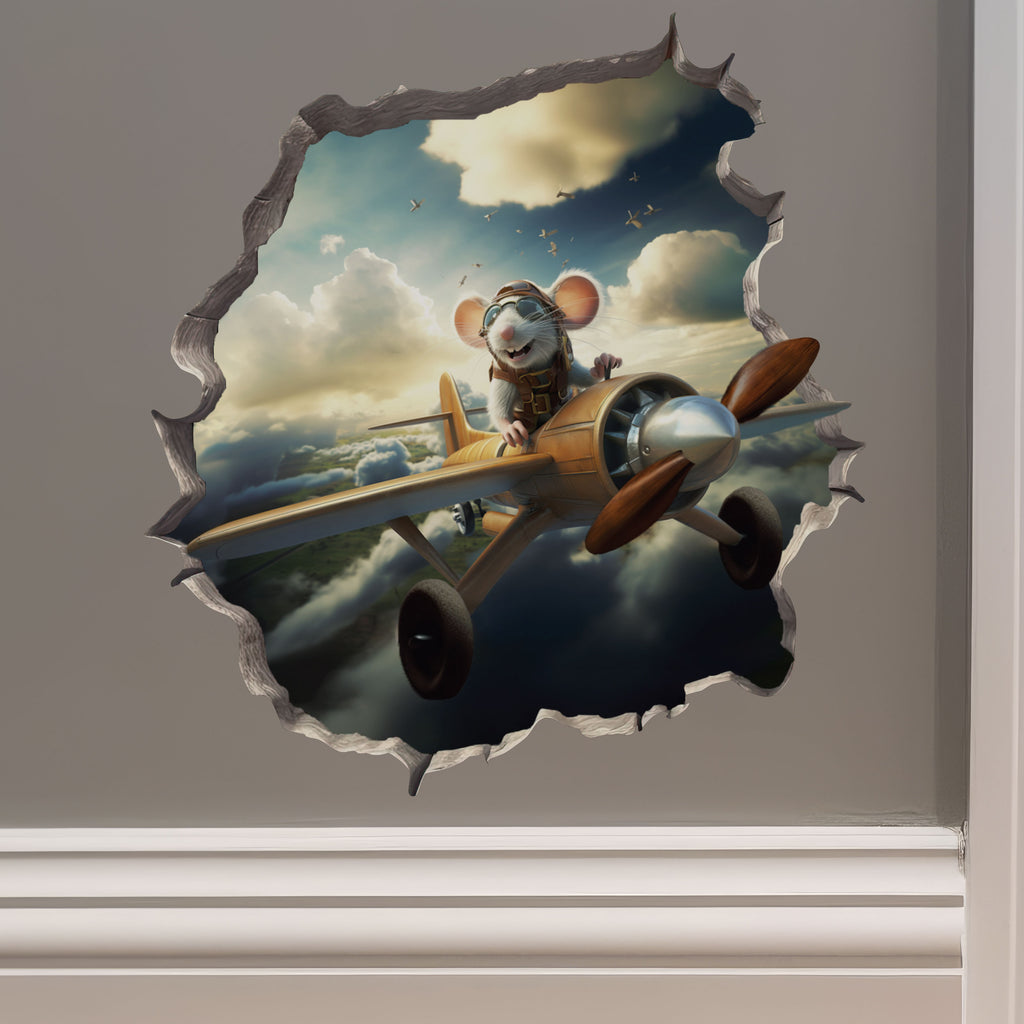 Airplane Pilot Mouse Flying from a Mouse Hole Decal - Mouse Hole 3D Wall Sticker