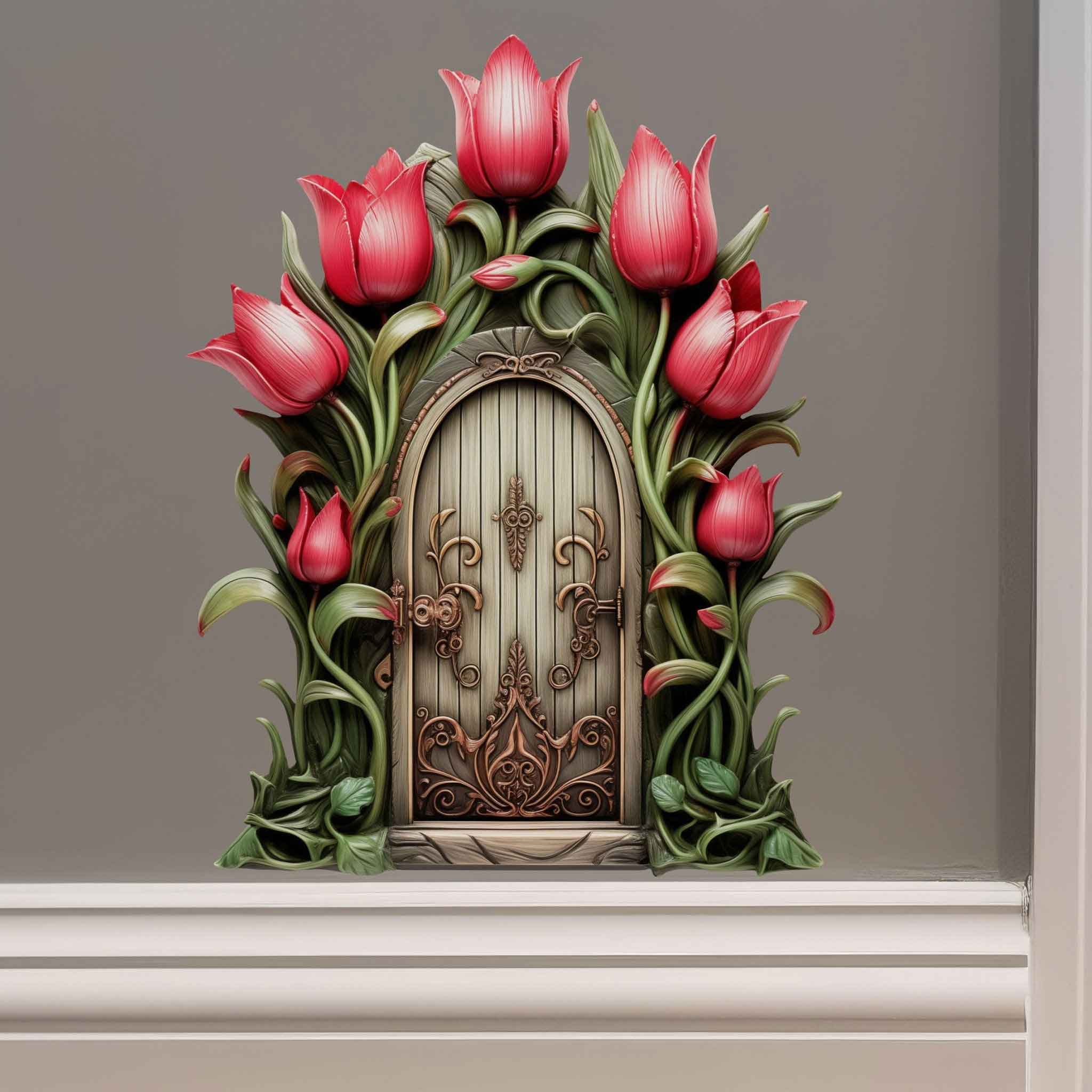 Red Tulip Garden House Decor - Fairy Door 3D Wall Sticker