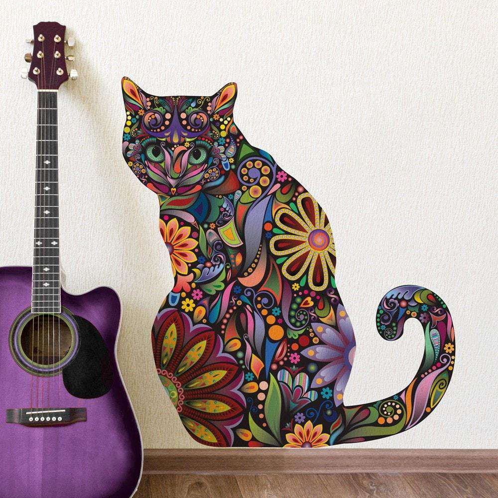 Sitting Cat Wall Sticker - Repositionable Floral Cat Wall Decal