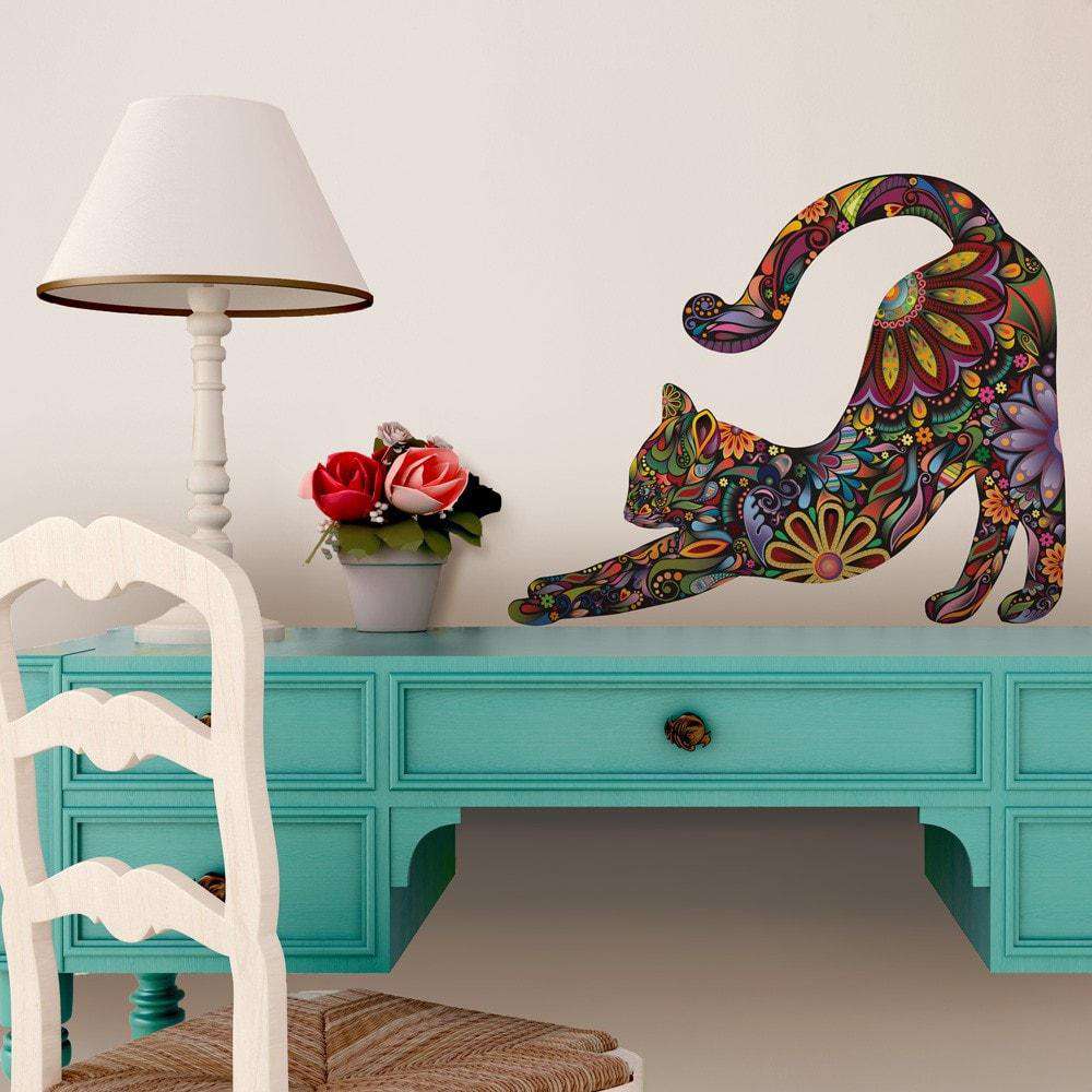 Stretching Cat Wall Sticker - Repositionable Floral Cat Wall Decal