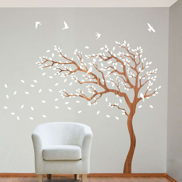 Breezy Tree Wall Decal and Bird Stickers in White and Wood Grain - My Wonderful Walls