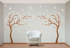 Breezy Tree Wall Decal and Bird Stickers in White and Wood Grain - My Wonderful Walls