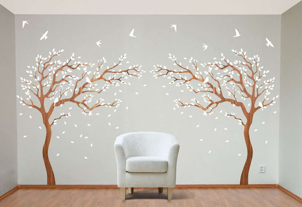Breezy Tree Wall Decal and Bird Stickers in White and Wood Grain - My Wonderful Walls