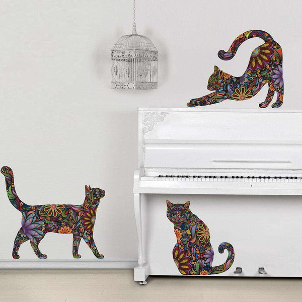 Cat Wall Sticker Trio - Set of 3 Stickers - Repositionable Cat Wall Decals in Flower Pattern - My Wonderful Walls
