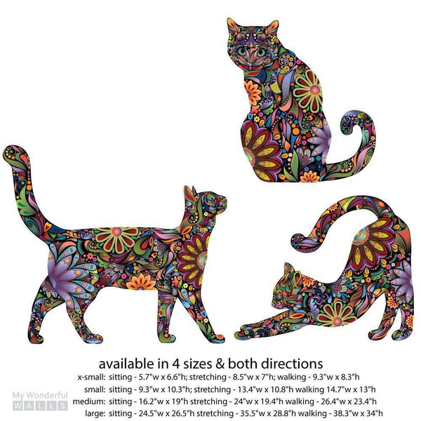 Cat Wall Sticker Trio - Set of 3 Stickers - Repositionable Cat Wall Decals in Flower Pattern - My Wonderful Walls