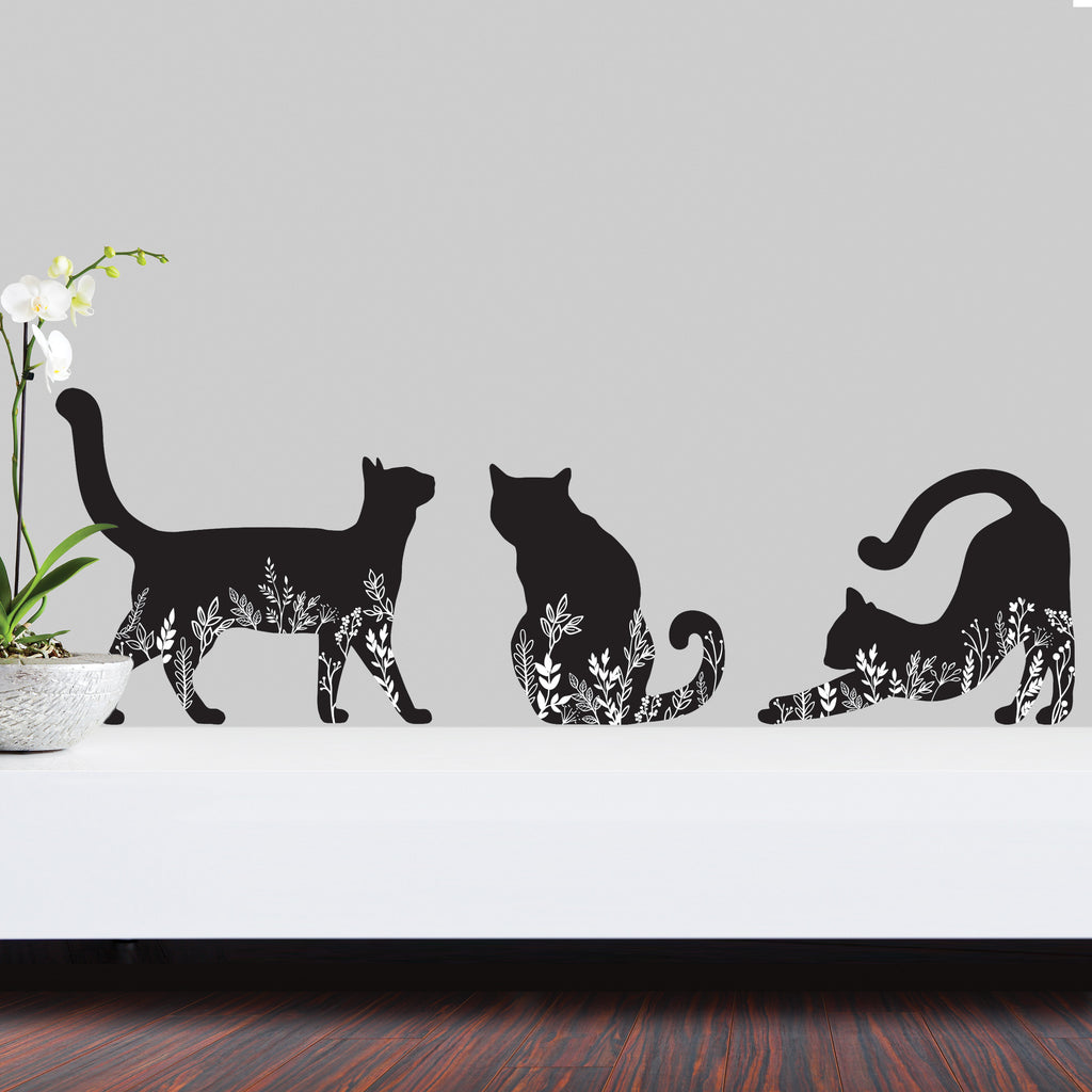 Cat decals black and white floral silhouette 