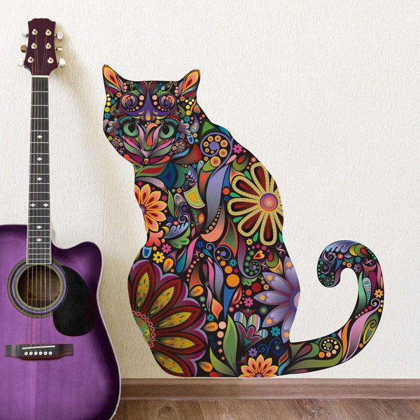Sitting Cat Wall Sticker - Repositionable Floral Cat Wall Decal - My Wonderful Walls