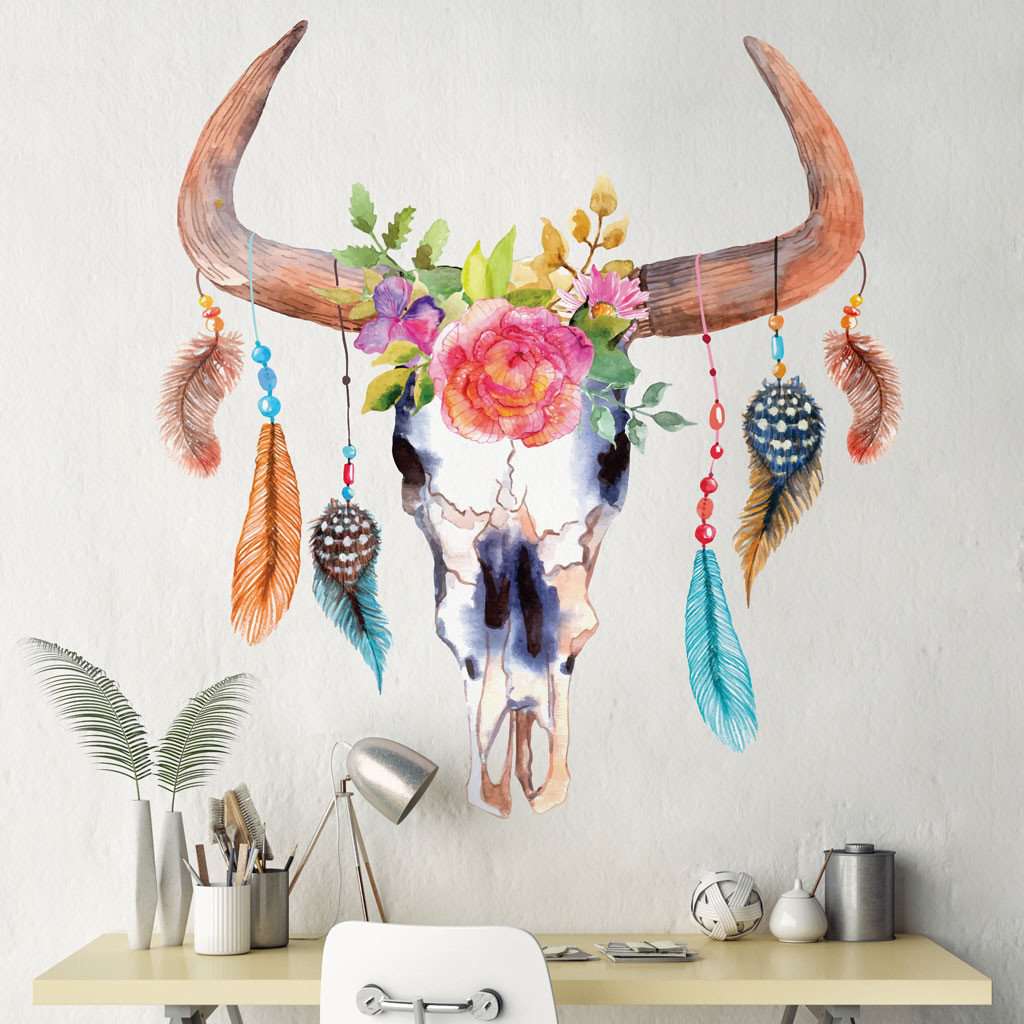 Bull Cow Skull Dreamcatcher Decal with Flowers and Feathers