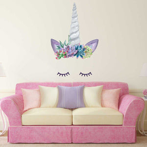 Unicorn Horn Decal with Eyelashes and Succulent Flower Crown - My Wonderful Walls