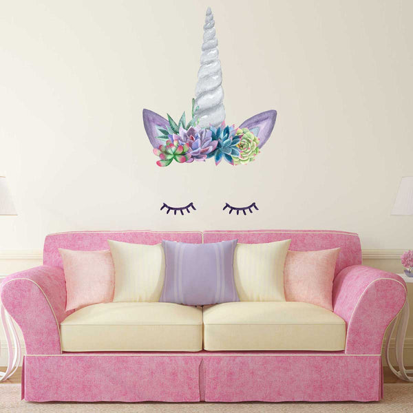 Unicorn Horn Decal with Eyelashes and Succulent Flower Crown - My Wonderful Walls