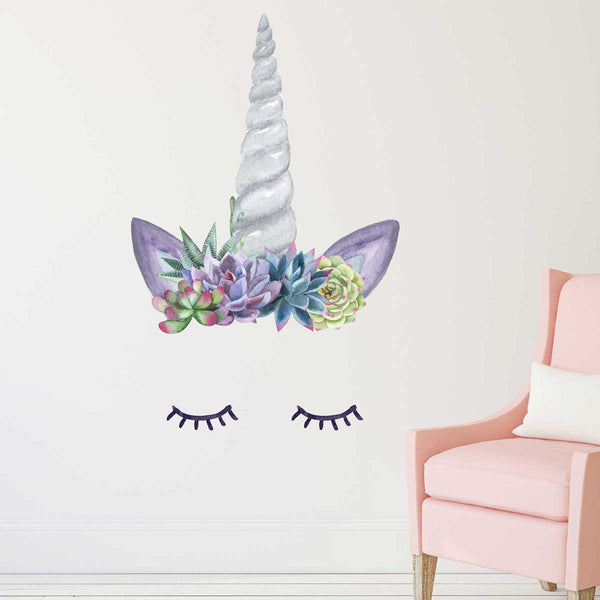 Unicorn Horn Decal with Eyelashes and Succulent Flower Crown - My Wonderful Walls