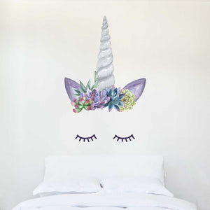 Unicorn Horn Decal with Eyelashes and Succulent Flower Crown - My Wonderful Walls