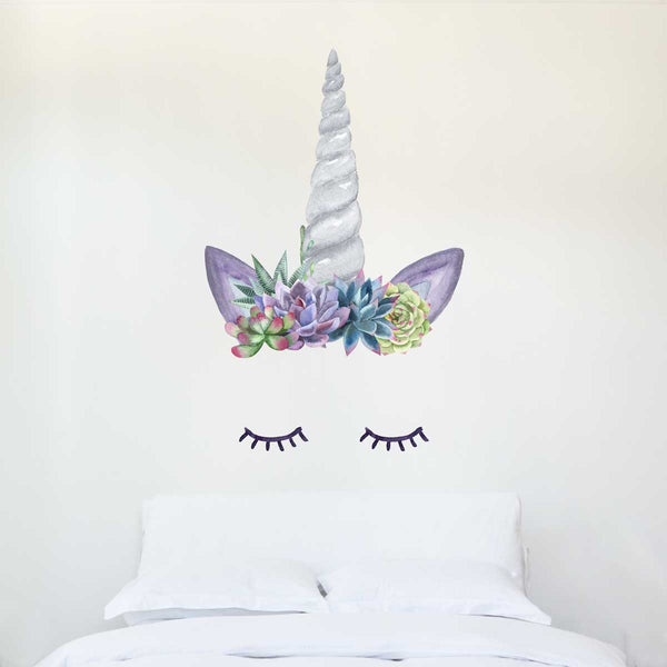 Unicorn Horn Decal with Eyelashes and Succulent Flower Crown - My Wonderful Walls