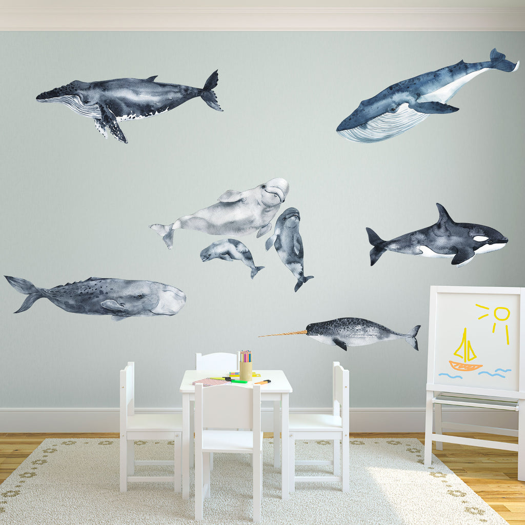 Whale Wall Decals - Set of 8 Watercolor Whale Stickers