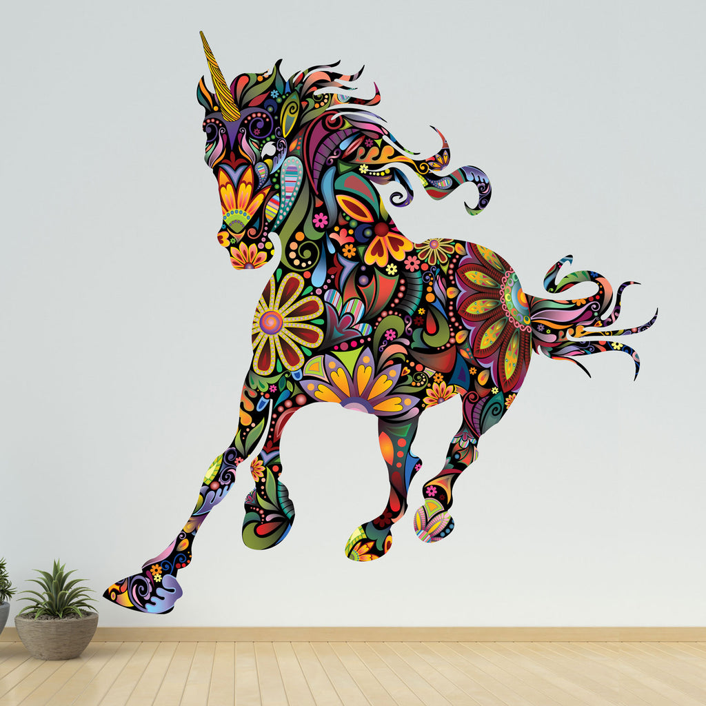 Wild Unicorn Wall Decal in Rainbow Floral Pattern