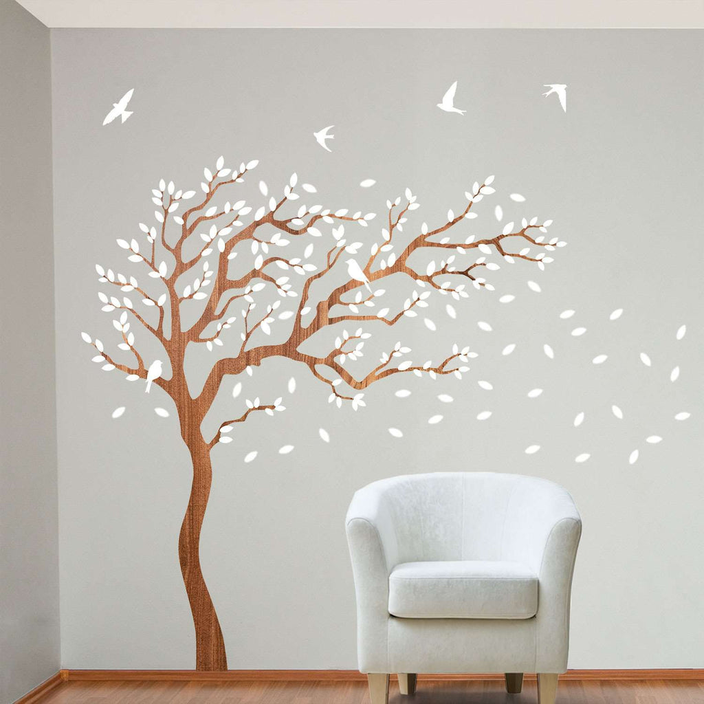 Breezy Tree Wall Decal and Bird Stickers in White and Wood Grain