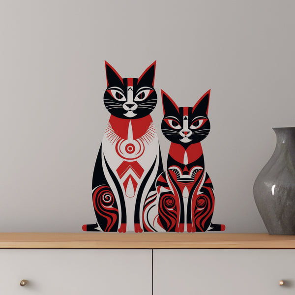 Tribal cats above dresser