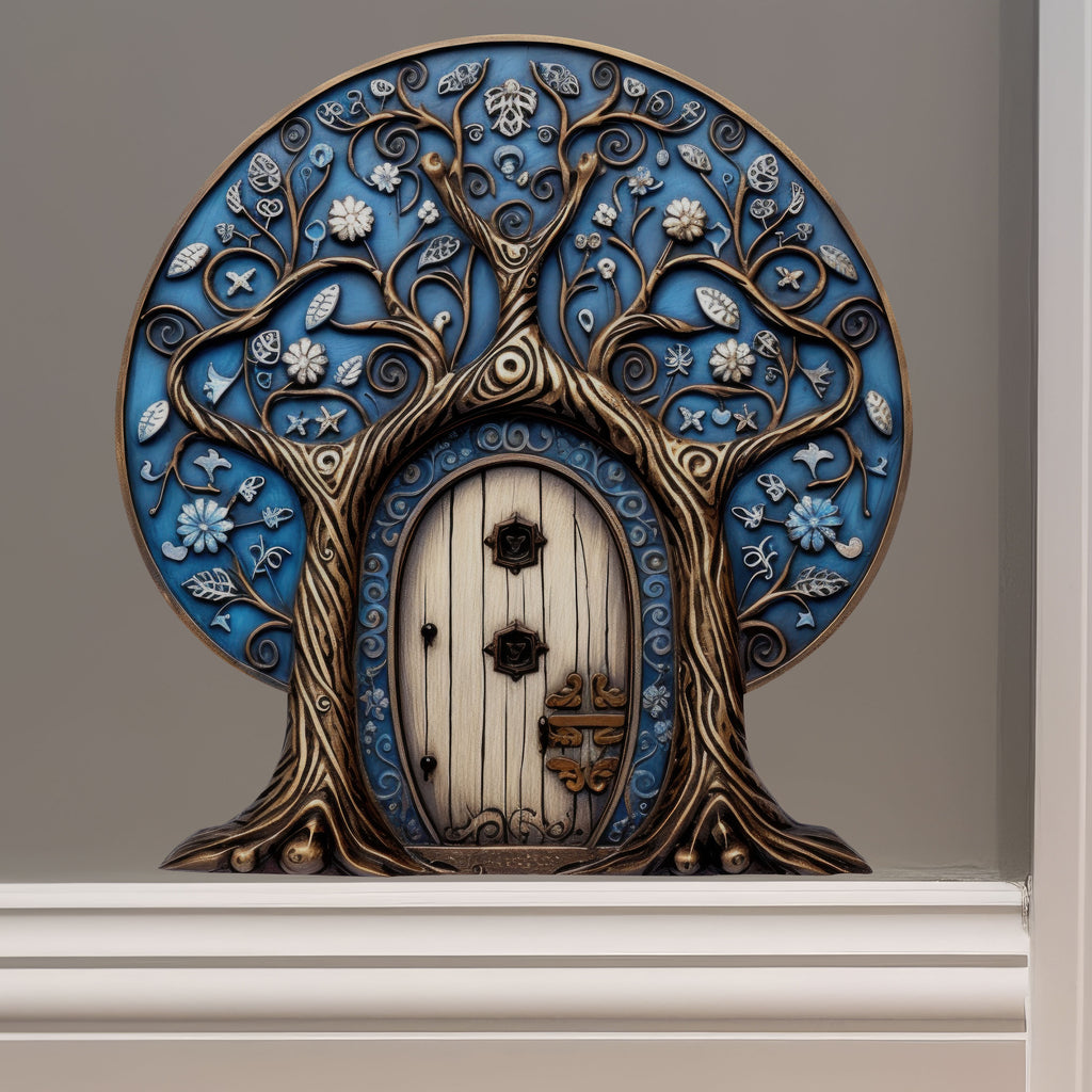 Blue Winter Tree Fairy Door decal on wall
