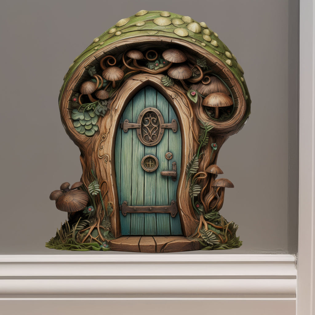 Green Mushroom Fairy Door decal on wall