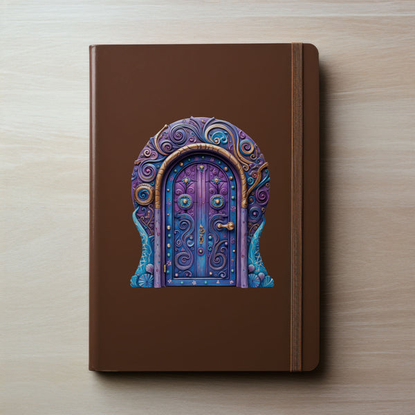 Magical Purple Wizard Fantasy Fairy Door decal on notebook