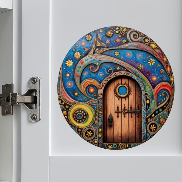 Night Time Starry Sky Fairy Door With Flowers decal on cabinet