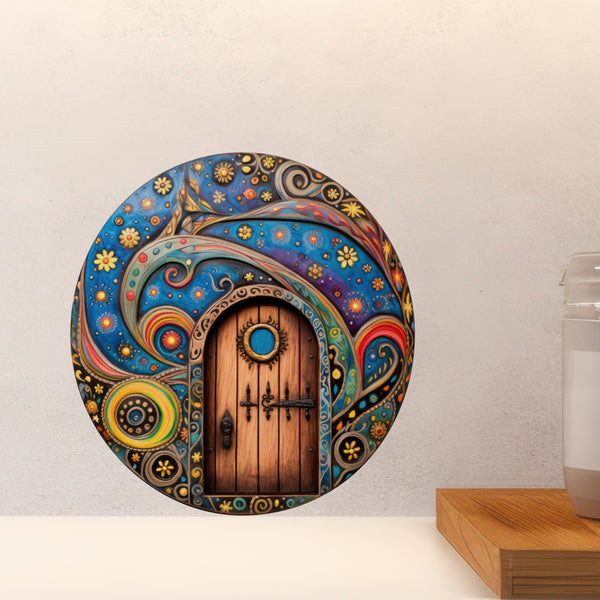 Night Time Starry Sky Fairy Door With Flowers decal on countertop
