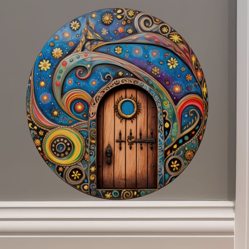 Night Time Starry Sky Fairy Door With Flowers decal on wall
