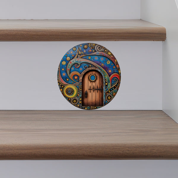 Night Time Starry Sky Fairy Door With Flowers decal on stairs