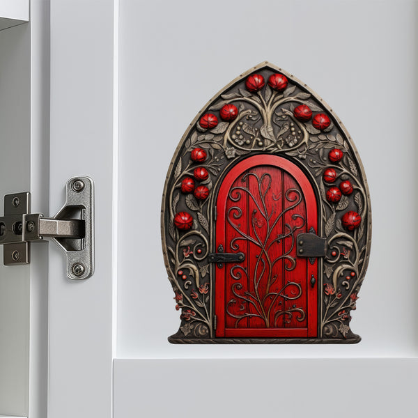 Red Berry Bush Fairy Door decal on cabinet