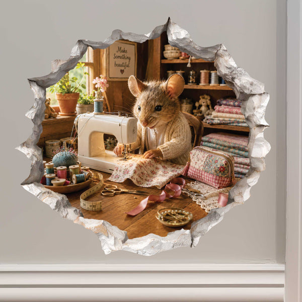 Sewing Seamstress Mouse in Mouse Hole Decal