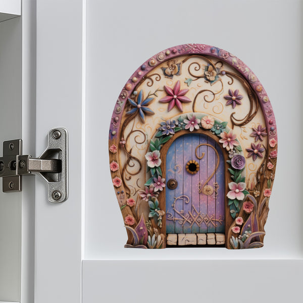 Pretty Pink Flowers Fairy Door decal on cabinet