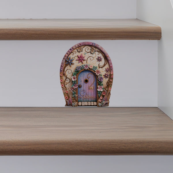 Pretty Pink Flowers Fairy Door decal on on stairs