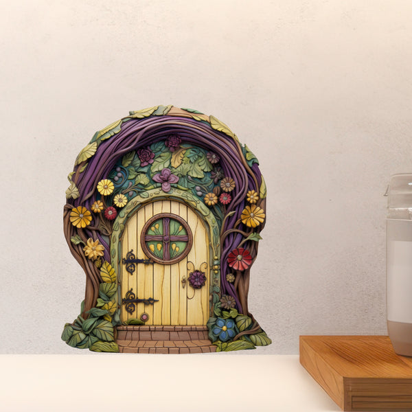 Purple Tree and Flowers Fairy Door decal above countertop