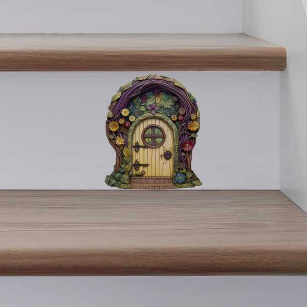 Purple Tree and Flowers Fairy Door decal on stairs