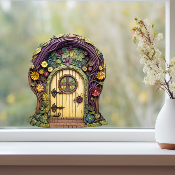Purple Tree and Flowers Fairy Door decal on window