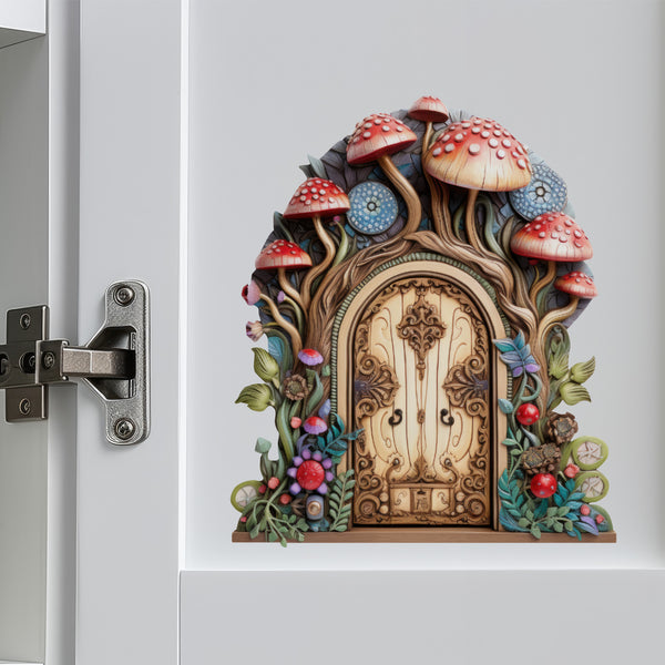 Mushroom Forest Fairy Door decal on cabinet