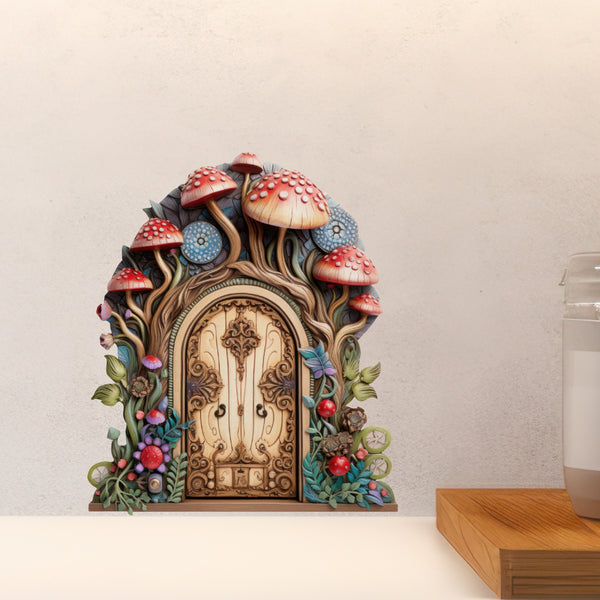 Mushroom Forest Fairy Door decal on countertop