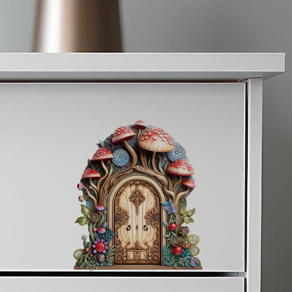 Mushroom Forest Fairy Door decal on drawer