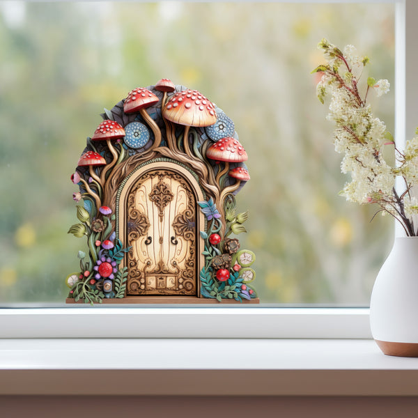 Mushroom Forest Fairy Door decal on window