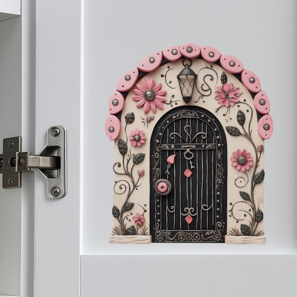 Pastel Pink Flowers Fairy Door decal on cabinet