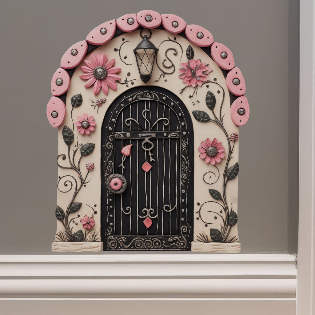 Pastel Pink Flowers Fairy Door decal on wall