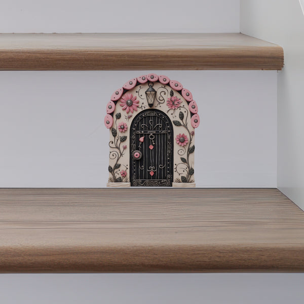Pastel Pink Flowers Fairy Door decal on stairs