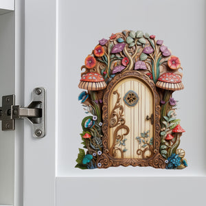 Flowers and Mushrooms Fairy Door decal on cabinet