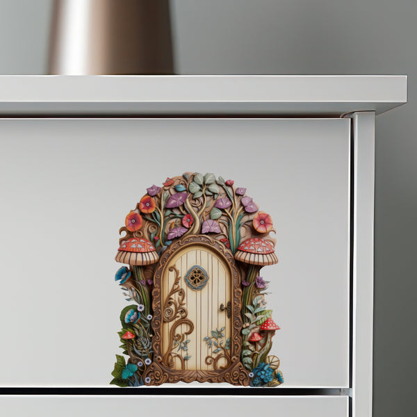 Flowers and Mushrooms Fairy Door decal on dresser