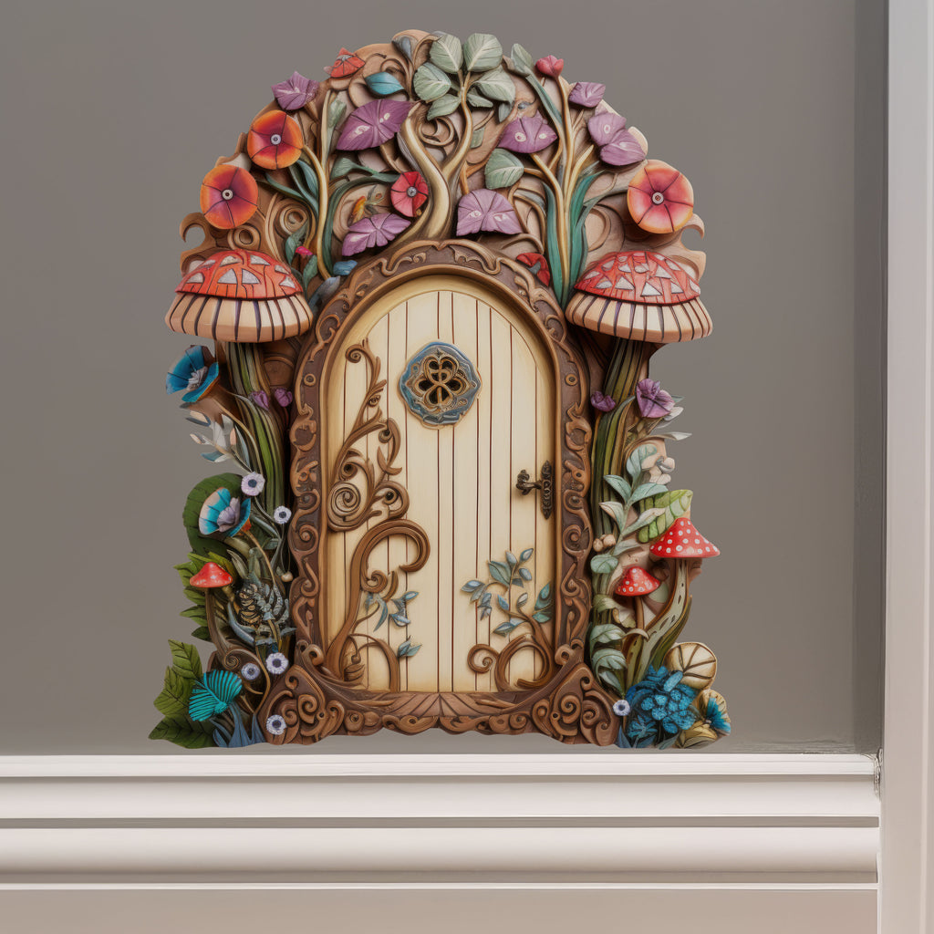 Flowers and Mushrooms Fairy Door decal on wall