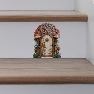 Flowers and Mushrooms Fairy Door decal on stairs