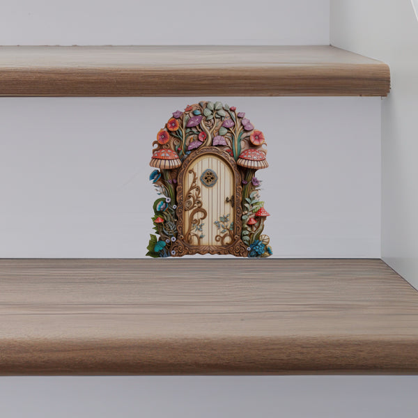 Flowers and Mushrooms Fairy Door decal on stairs